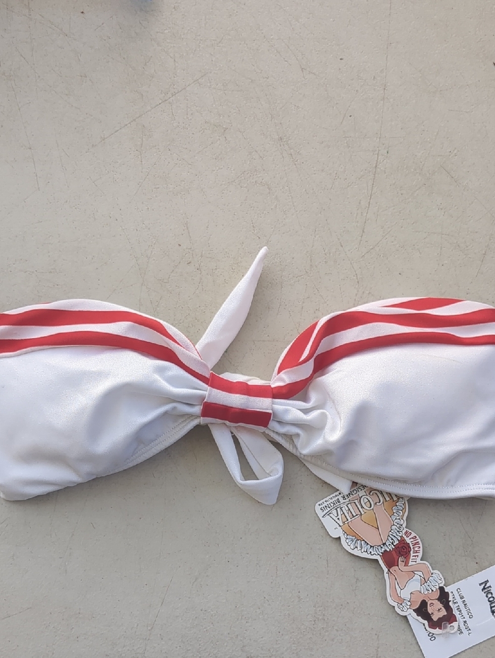 Nicolita White Bandeau Bikini Top with Red Stripe Accents